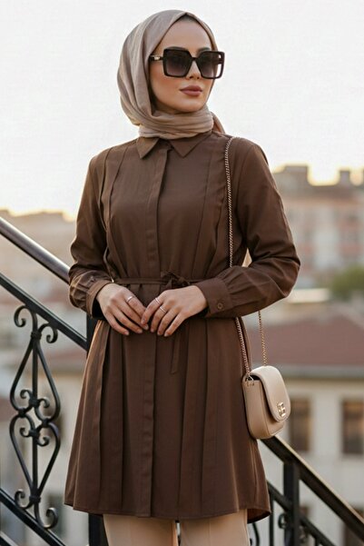 N.S NEVA STYLE Buttoned Brown Hijab Tunic 20273Kh