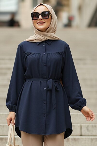 N.S NEVA STYLE Buttoned Navy Blue Hijab Tunic 10184L