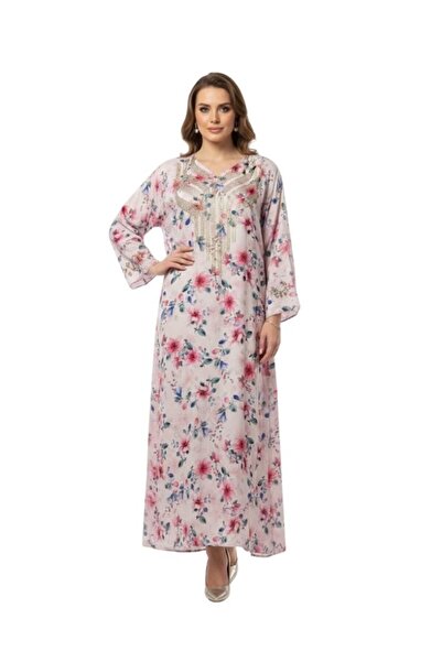 Comfort Soft Pink Floral Jalabiya Dress Elegant Full Length Maxi for Women