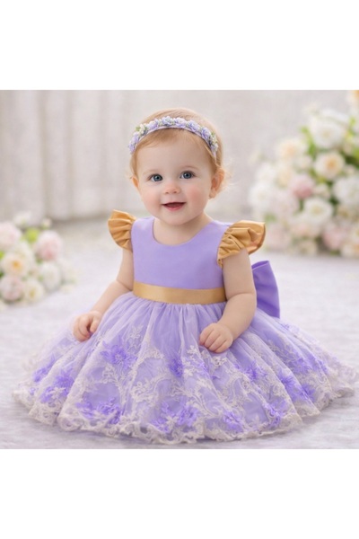 kizu Purple Satin Dress for Girls with Embroidered Tulle and Gold Bow 3-6 months