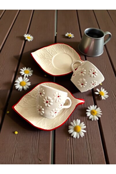 Artistic Quality Decorative Red Daisy Embroidered, Embossed Leaf Detailed Tea...