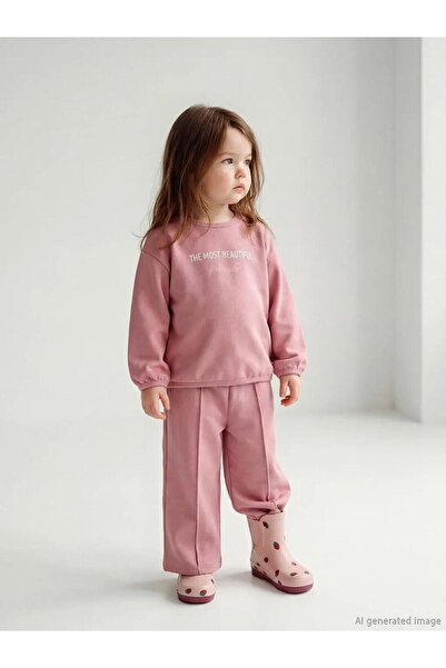 LC Waikiki Pink Crew Neck Printed Baby Girl Sweatshirt and Sweatpants (S6)