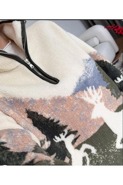 afran collection Brown Patterned Plush Oversize Sweatshirt with Half Zipper Pocket and Fleece Inside (38/44)