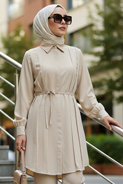 N.S NEVA STYLE Buttoned Beige Hijab Tunic 20273Bej