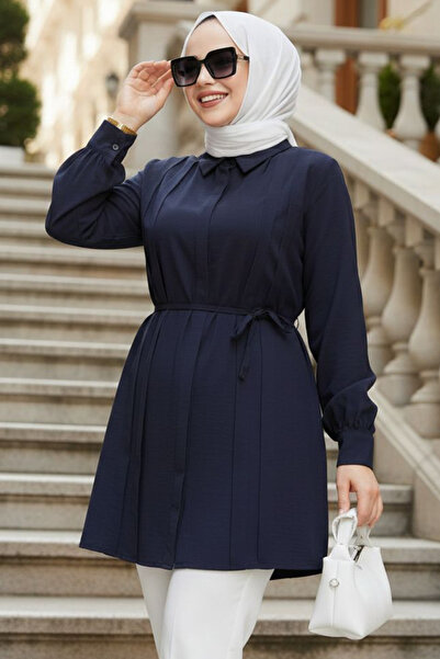 N.S NEVA STYLE Buttoned Navy Blue Hijab Tunic 20273L