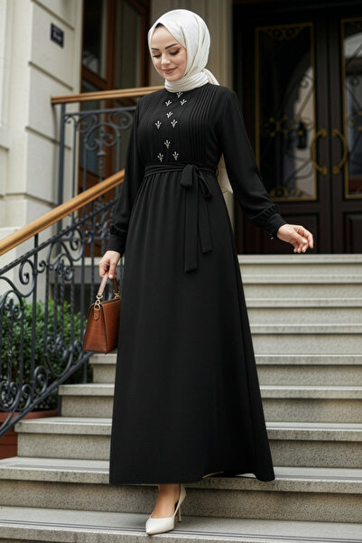 N.S NEVA STYLE Rochie neagră cu centură, stil Tesettür 10309S