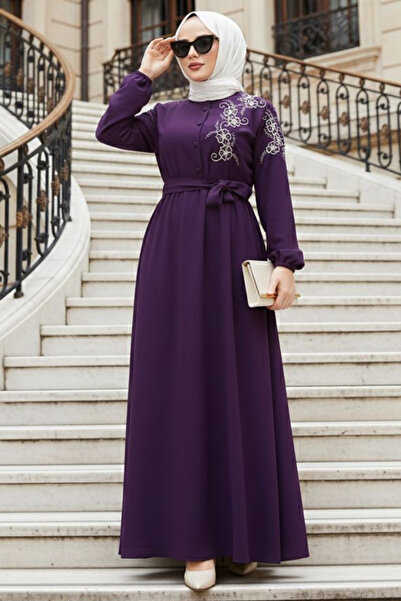 N.S NEVA STYLE Belted Purple Hijab Dress 30550Mor