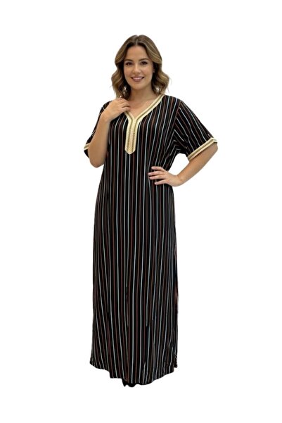 Comfort Women Black Striped Maxi Jalabiya with Contrast V Neck Everyday