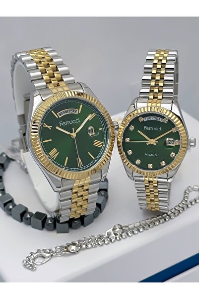 Ferrucci Steel Cord Functional Lover Couple Wristwatches + Bracelet Gift