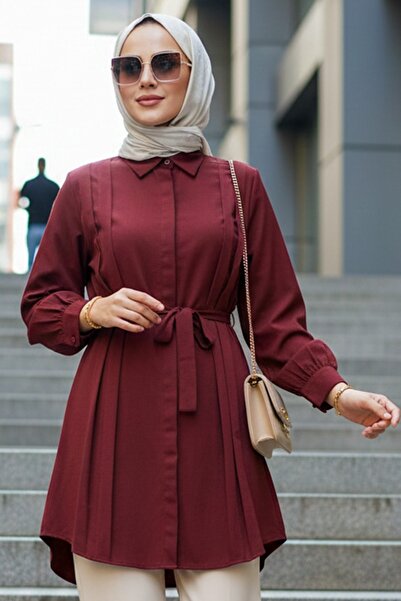 N.S NEVA STYLE Buttoned Burgundy Hijab Tunic 20273Br