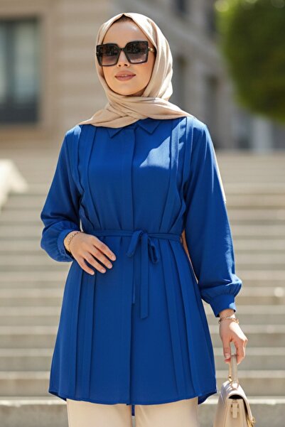N.S NEVA STYLE Buttoned Sax Blue Hijab Tunic 20273Sx