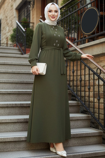 N.S NEVA STYLE Belted Khaki Hijab Dress 10309Hk