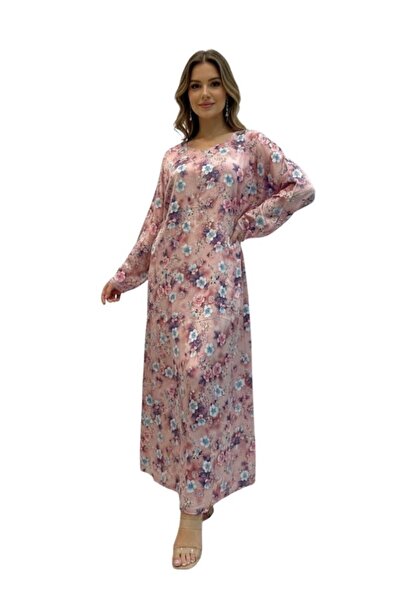 Comfort Floral Pink Maxi Jalabiya for Women Soft Printed Relaxed Fit Long Sle...