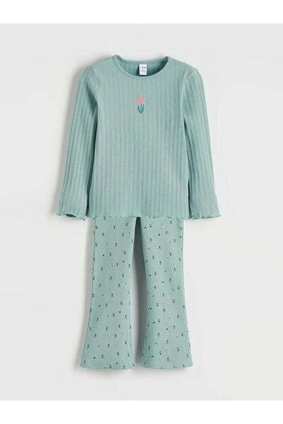 LC Waikiki Green Crew Neck Embroidered Girls' T-Shirt and Leggings (S6)