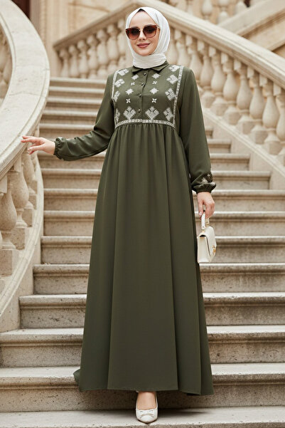 N.S NEVA STYLE Pattern Detailed Khaki Hijab Dress 10317Hk