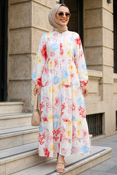 N.S NEVA STYLE Patterned Powder Hijab Dress 20626Pd