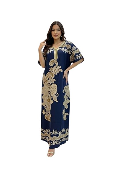 Comfort Women Navy Blue Embroidered Maxi Jalabiya with Premium Traditional Fi...