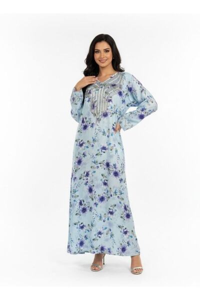 Comfort جلابية ماكسي مطبوع باللون الأزرق الفاتح للنساء، تصميم أنيق للارتداء ا...