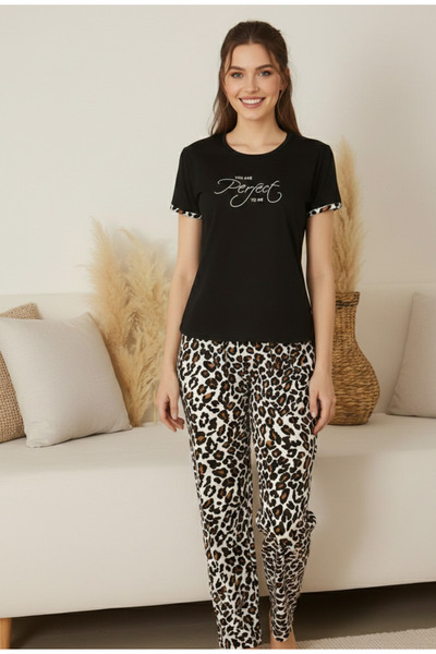 YusGos Γυναικείο σετ πιτζάμες με κοντό μανίκι, ύφασμα Milan, με λεοπάρ σχέδιο...