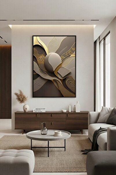 hollywest Bej ve Altın Tonlarında Soyut Küre Detaylı Duvar Sanatı | Modern Çe...