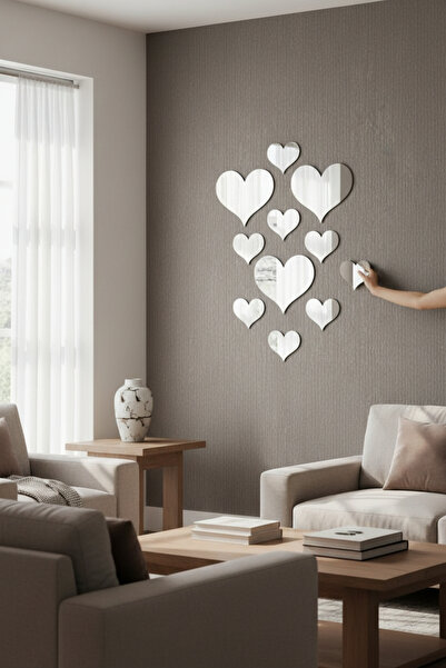 otovoo Kalp Şeklinde Silver Ayna Yapışkanlı Pleksi Duvar Dekoru 3 Adet 10 x 9...