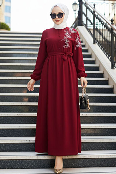 N.S NEVA STYLE Belted Burgundy Hijab Dress 30550Br