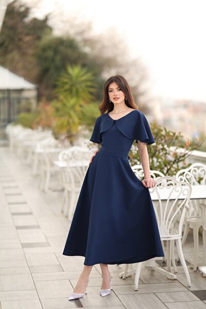 BEYZATURAN Rochie elegantă de ocazie pentru femei, albastru închis, cu decolt...