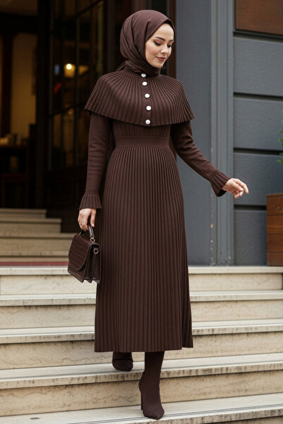 N.S NEVA STYLE Rochie tricotată maro plisată, stil Hijab 78201KH