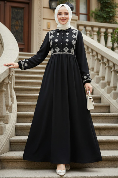 N.S NEVA STYLE Black Hijab Dress with Pattern Detail 10317S