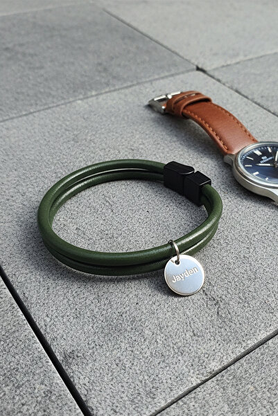 VAOOV Kişiye Özel İsimli Yeşil Deri Bileklik