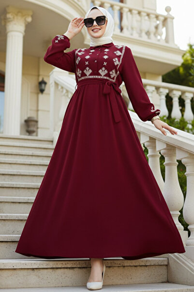 N.S NEVA STYLE Pattern Detailed Burgundy Hijab Dress 10317Br