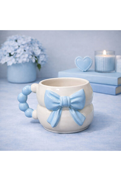 İZart 3D Embossed Blue Bow Pattern Custom Embossed Fully Handmade Ceramic Mug