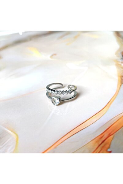 GOX خاتم مزدوج الصفوف على شكل قلب مرصع بالأحجار على شكل إصبع صغير