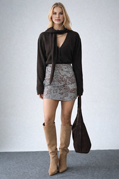 LOOSH Kadın Kahve Batik Desenli Denim Mini Etek