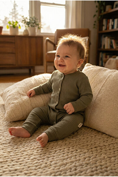 Noone Khaki Green Ribbed Cotton Baby Romper with Snap Fasteners on the Front ...