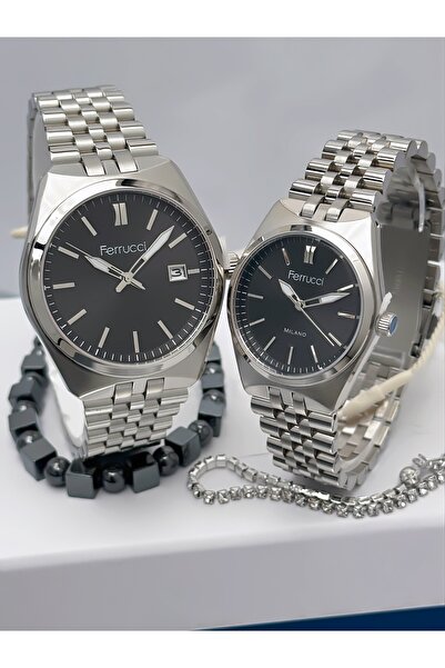 Ferrucci Steel Cord Calendar Lover Couple Wristwatches + Bracelet Gift