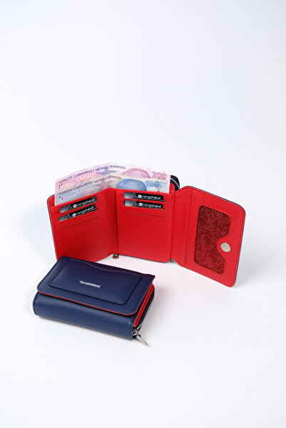 CENGİZ PAKEL Small Size Women's Navy Blue-Red Wallet