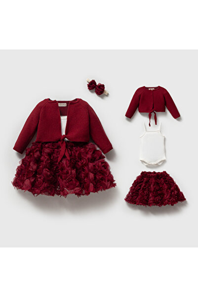 Nipperland Güllü Kız Bebek Elbise Takımı 4’lü – Triko Hırka, İç Badi, Etek ve...