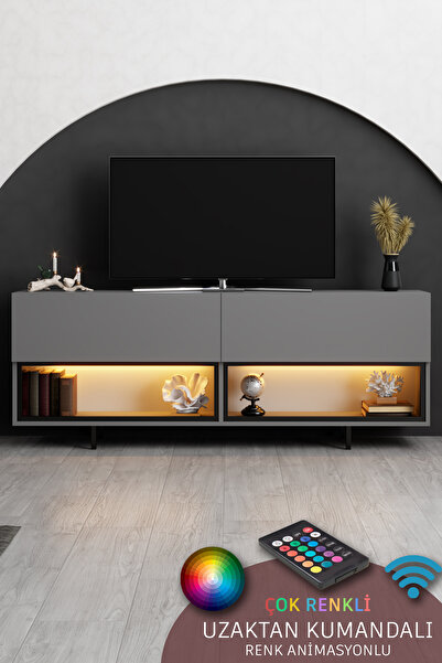 Modatte EKOL TV ÜNİTESİ LED IŞIKLI DEMİR AYAKLI ÇOK AMAÇLI DOLAPLI ANTRASİT T...