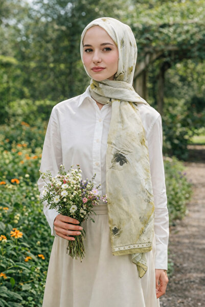 MİNELEŞARP34 Mineşarp Oil Green Bamboo Crinkle Cotton Shawl Non-Slip