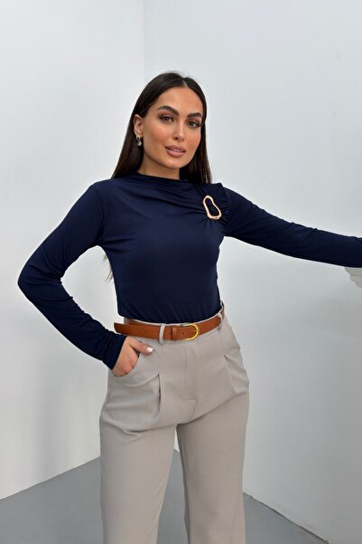 spirituel Women's Blouse with Gold Buckle Detail, Gathered Long Sleeves, Sand...