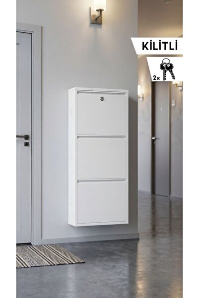 OVROL Kilitli Üçlü Metal Ayakkabılık Beyaz (Yedek Anahtarlı)