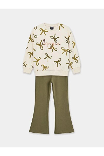 LC Waikiki Ecru Bow Patterned Girls' Sweatshirt and Leggings (S6)