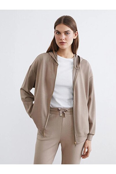 LC Waikiki Brown Hooded Soft Touch Women's Zippered Sweatshirt (S6)