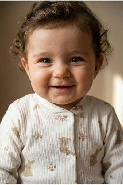 Noone كيس نوم للأطفال من القطن المنسوج بنمط أرنب كريمي اللون مع أزرار كبس