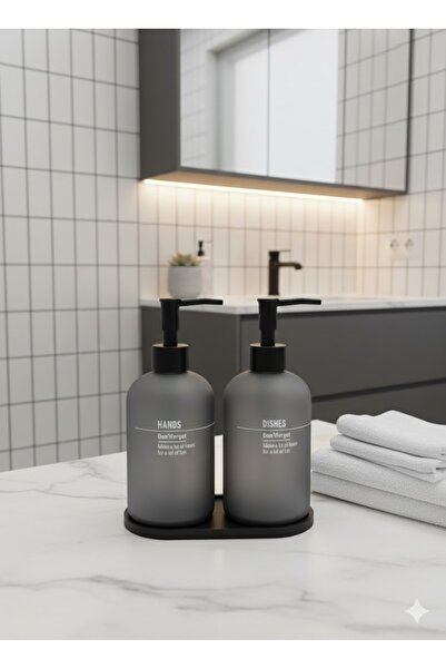 WARDY 2`li Standlı Cam Sıvı Sabunluk Seti Siya Bambu Standlı