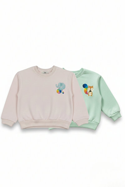 LOGO AKSESUAR سويت شيرت قطني ملون مطبوع للبنات قصة فضفاضة مكون من قطعتين 3 خيوط