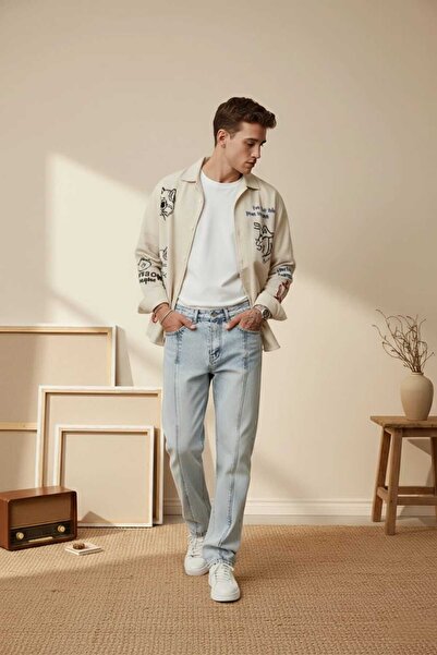 Wonraces Men's Ice Blue Baggy Washed Design Jean Jeans with Stitching Detail