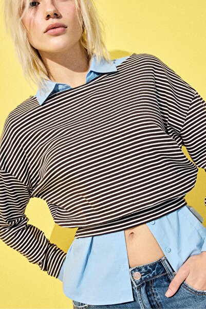 Stradivarius Çizgili bel bantlı uzun kollu kayık yaka t-shirt