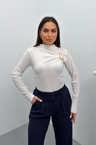 spirituel Women's Blouse with Gold Buckle Detail, Gathered, Long Sleeves, Sandy Fabric, Lycra, Elegant Blouse